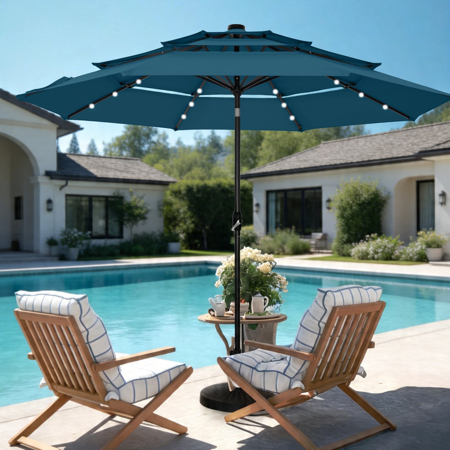 Alpha Joy 10ft 3 Tier Auto-tilt Outdoor Patio Umbrella Beach Garden Double Vented Table Umbrella with Solar Lights, Cerulean