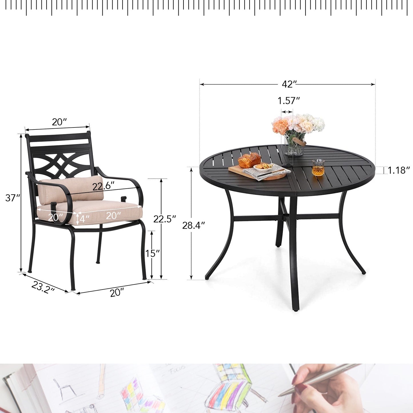 Sophia&William 5-Piece Outdoor Patio Dining Set Metal Cushioned Chairs and 42  Round Table Set with Cushion, Beige