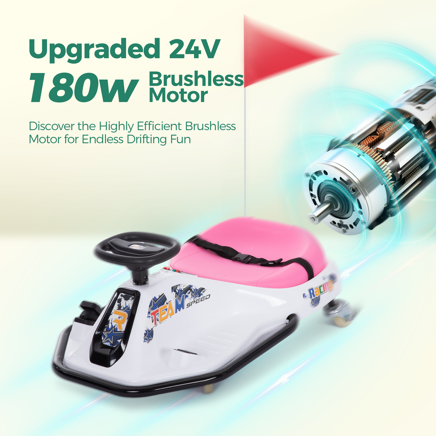 Alpha Joy Kids Crazy Drift Car 24V 181W Electric Drifting Go-Kart w/Rechargeable Battery, Colorful Light, Bluetooth Music & Safety Harness, Pink