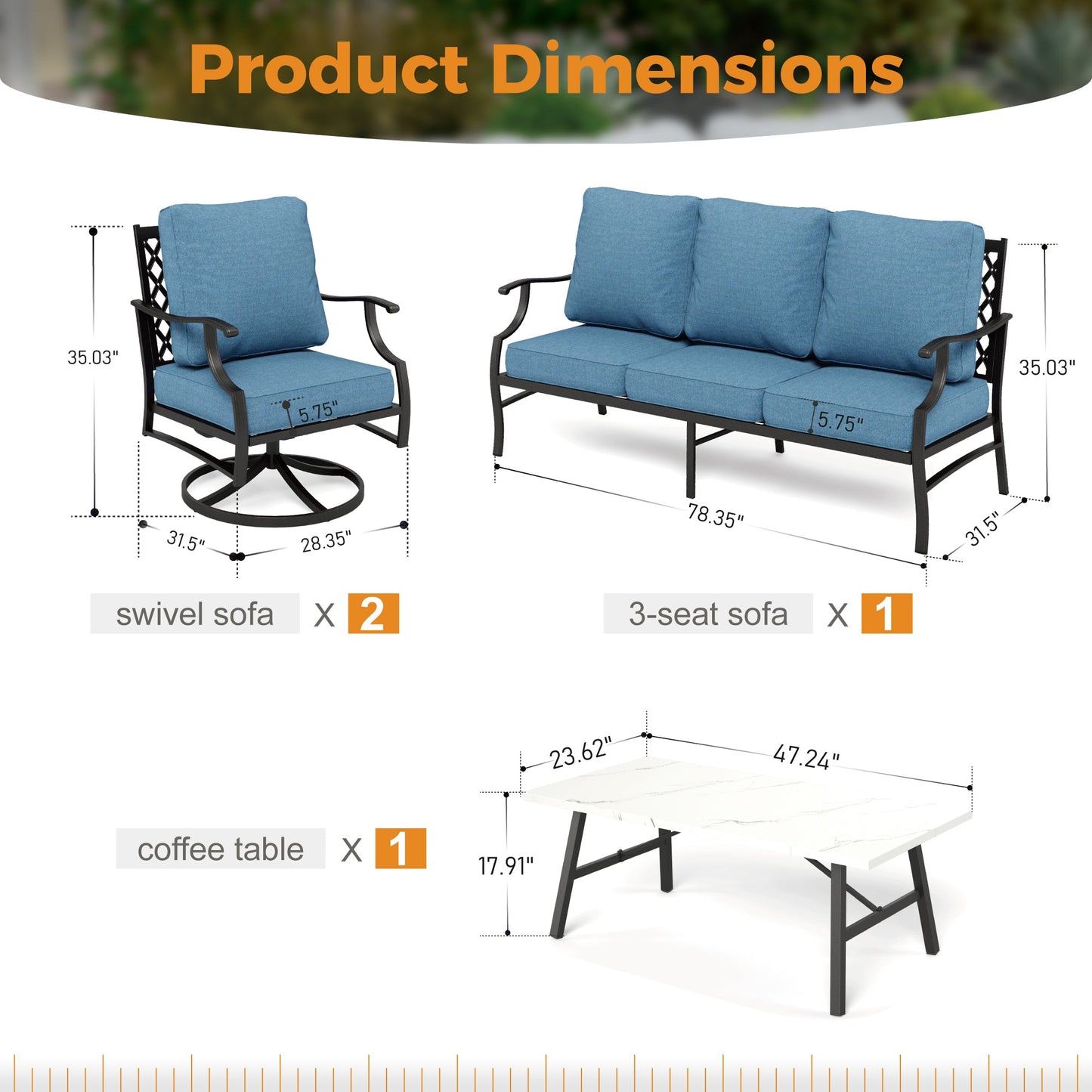 Sophia&William 5 Seat Patio Conversation Set Outdoor Sofa Furniture Set with Marble Table, Navy Blue