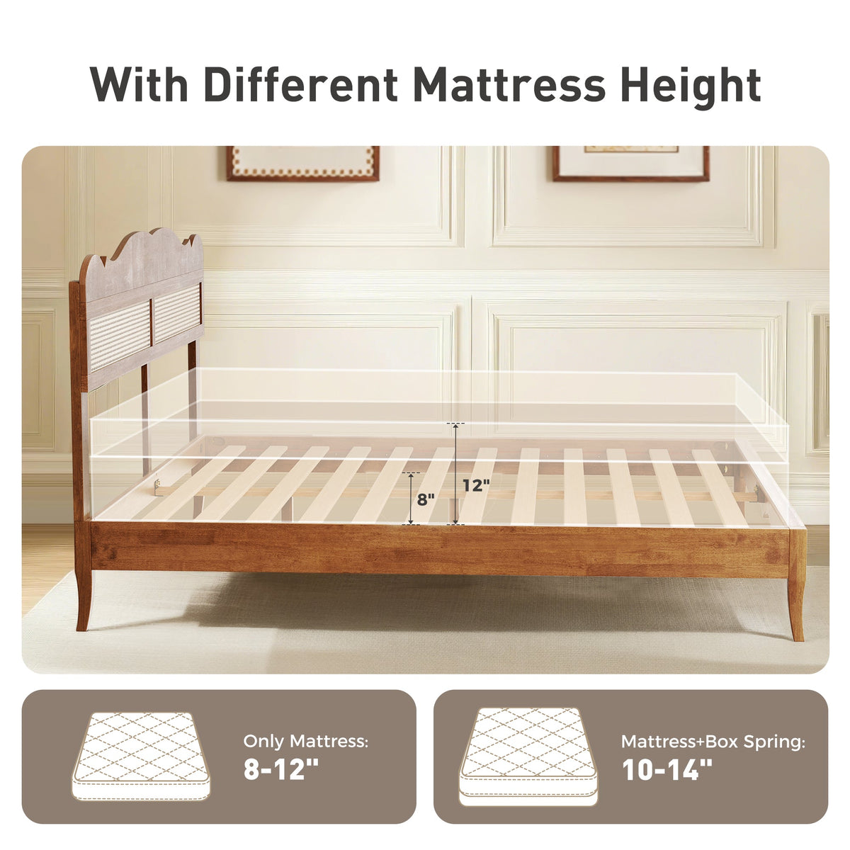 Sophia & William King Size Wood Platform Bed Frame with Wooven Rattan Adjustable Headboard & Wooden Slats,No Box Spring Needed