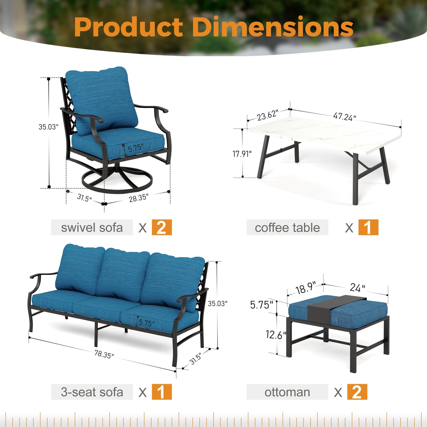 Sophia&William 7 Seat Patio Conversation Set Outdoor Sofa Furniture Set with Marble Table & Ottomans, Pacific Blue