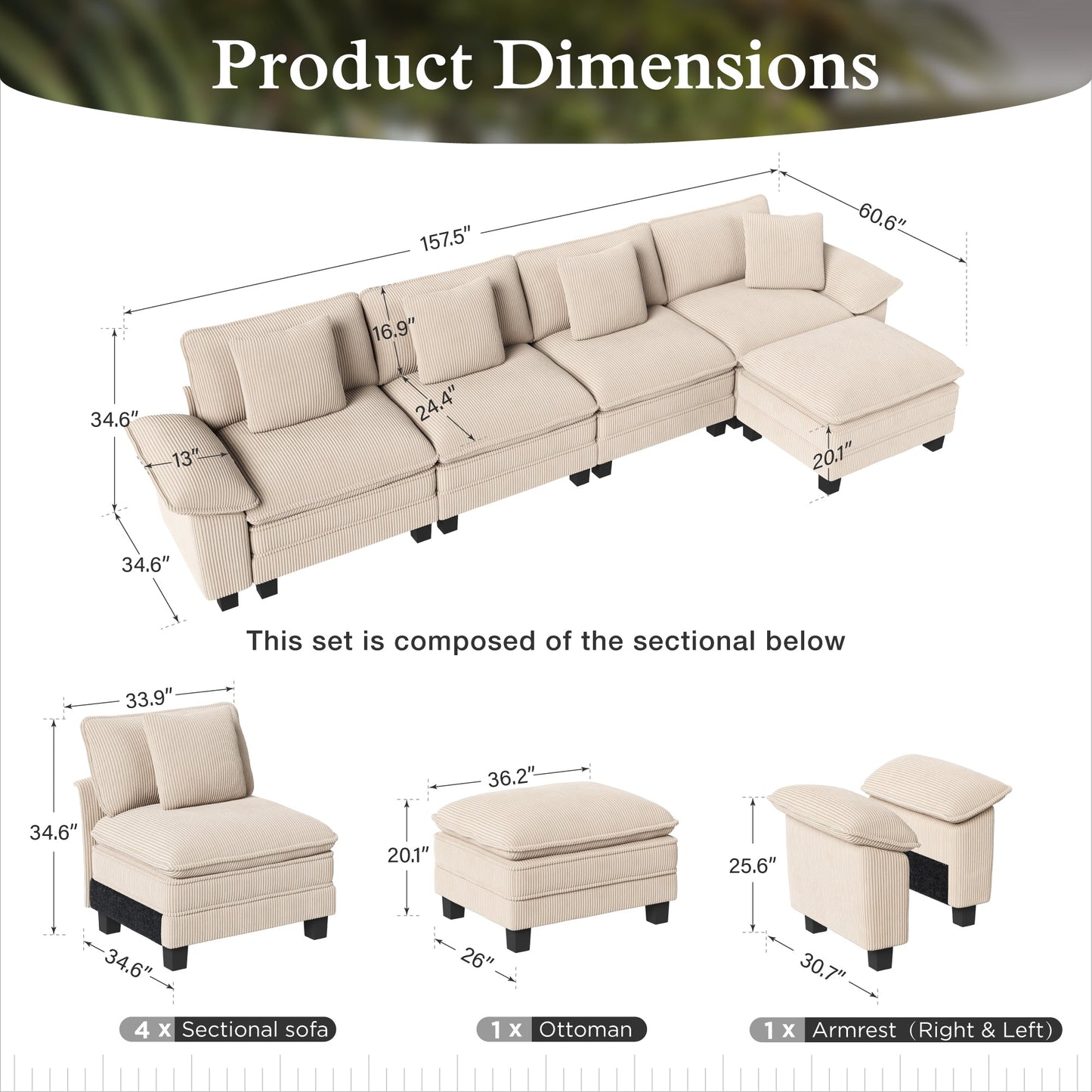 Sophia&William 157.5"L Modular Sectional Sofa Couch, Modern Corduroy Couch 5-Seat Convertible Sofa with Ottoman for Living Room,Beige