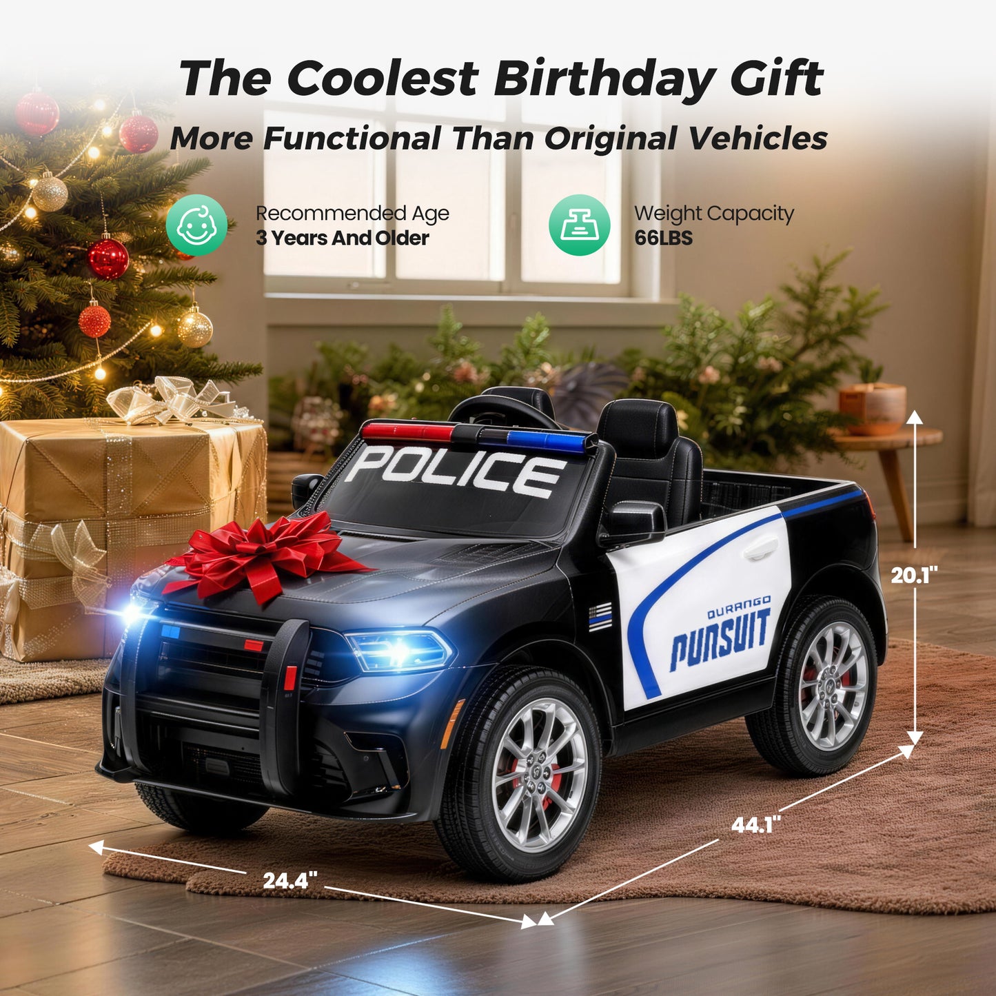 Alpha Joy 12V Kids Ride On 2-Seat Police Car with Megaphone, Remote Control, 3 Speeds, Electric Toy Car for Ages 3+, Black