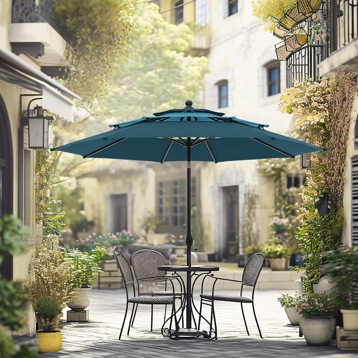 Alpha Joy 10ft 3 Tier Auto-Tilt Outdoor Patio Umbrella Beach Garden Double Vented Table Umbrella with Push Button and Crank, Peacock Blue & Cerulean