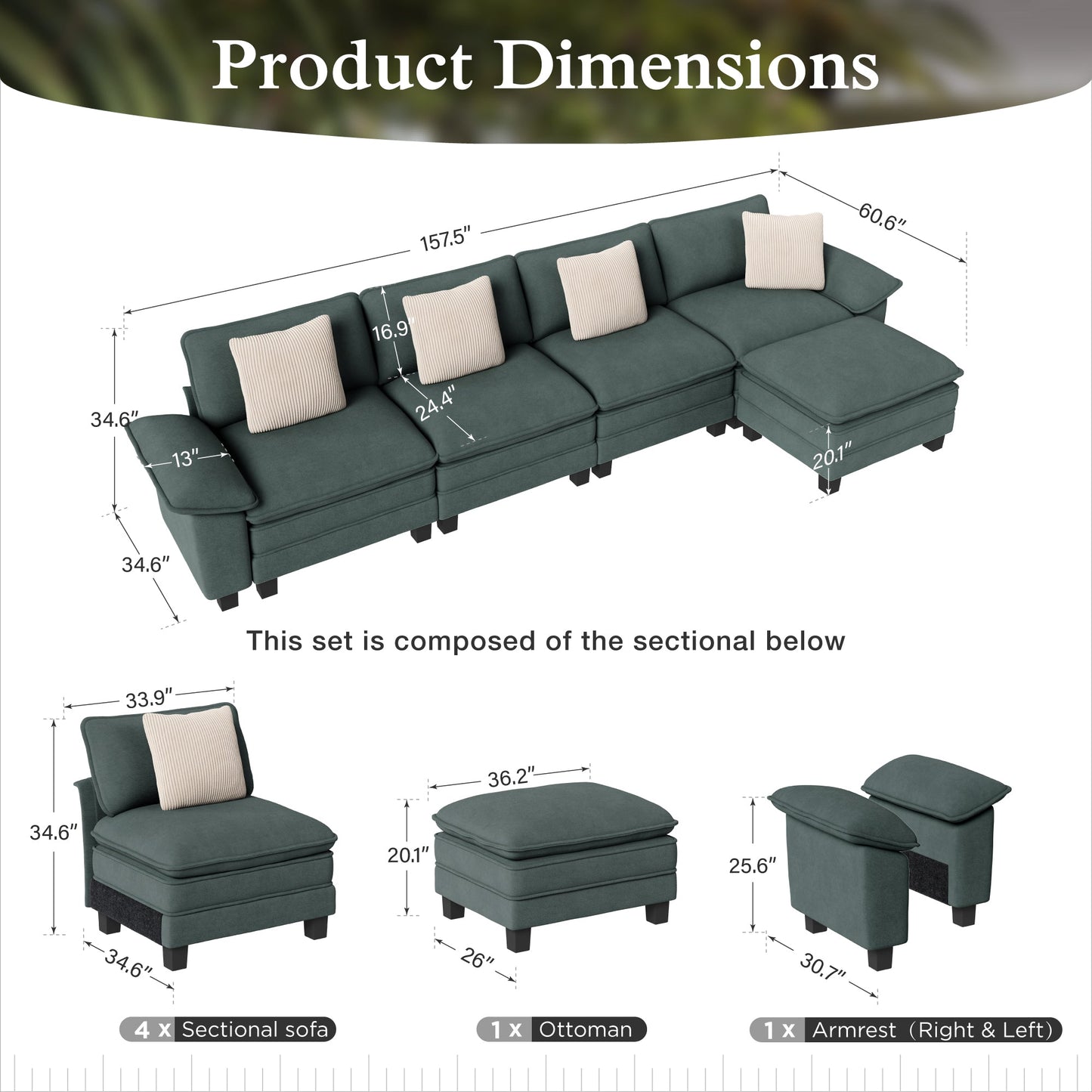 Sophia&William 157.5"L Modular Sectional Sofa Couch, Modern Chenille Couch 5-Seat Convertible Sofa with Ottoman for Living Room,Green