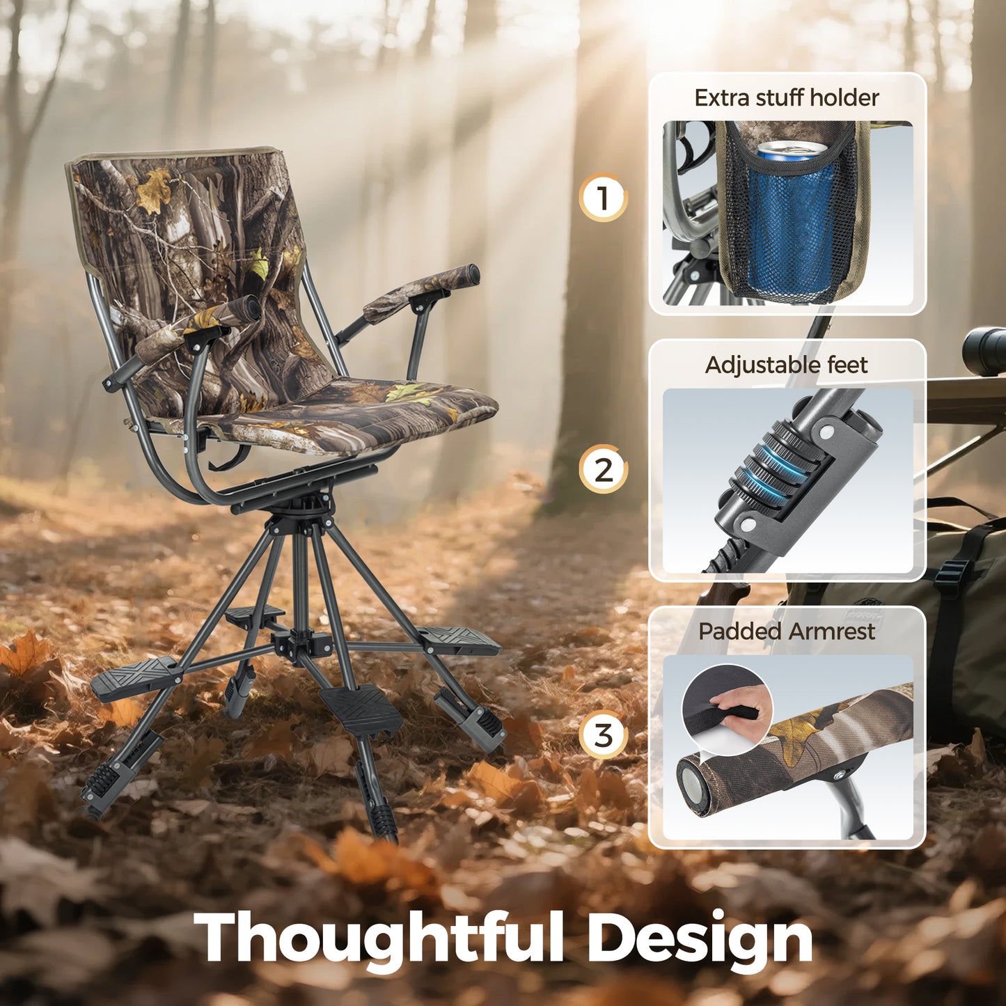 Sophia & William 360°Silent Swivel Hunting Chair Stability & Comfort Blind Chair with Pedals & Armrest, Camouflage