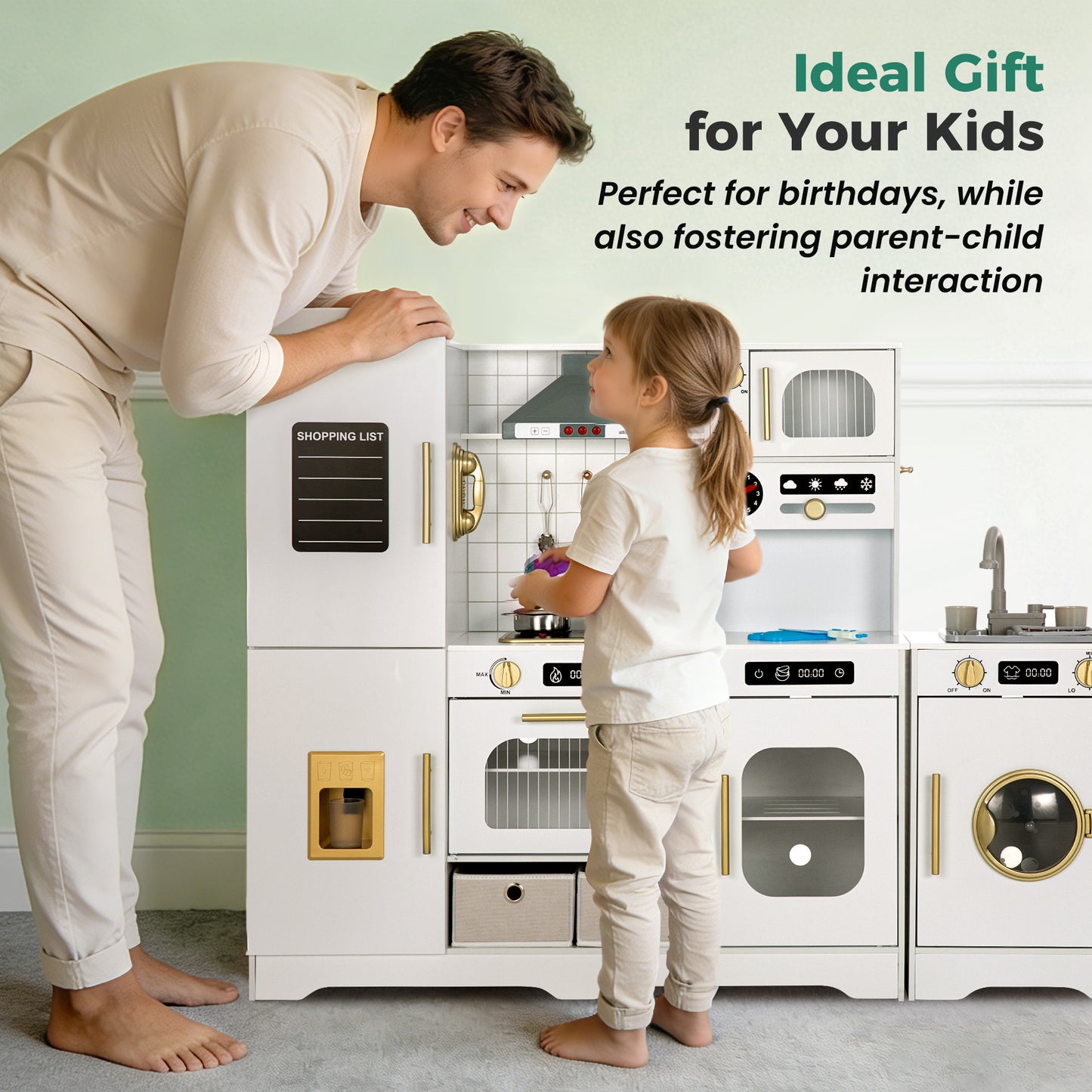 Alpha Joy Pretend Play Kitchen Large Wooden Toy Sets for Kids w/Realistic Sounds & Lights, Oven, Range Hood, Faucet, Sink, Cooking Accessories, Utensils, White