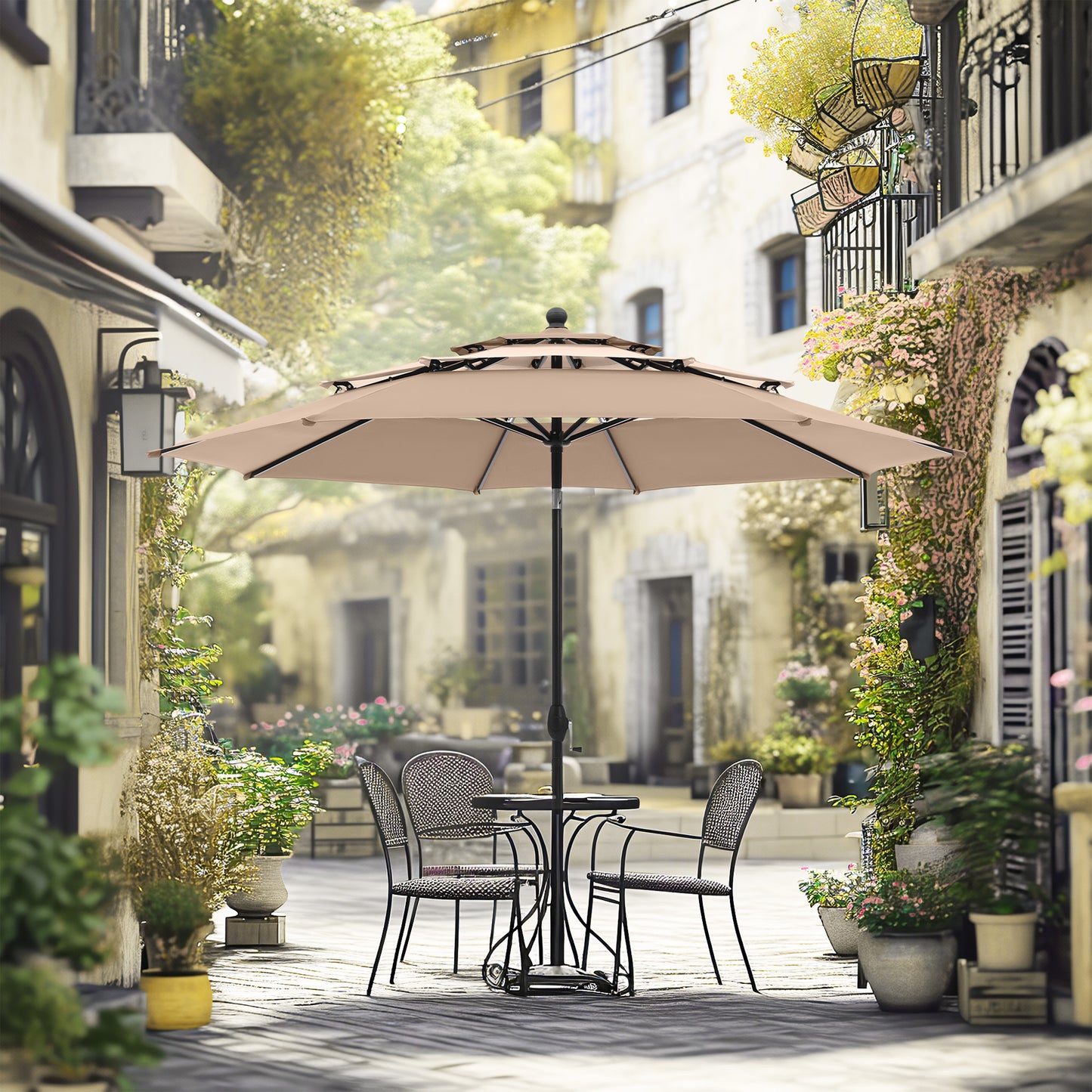 Alpha Joy 10ft 3 Tier Auto-Tilt Outdoor Patio Umbrella Beach Garden Double Vented Table Umbrella with Push Button and Crank, Beige & Tan