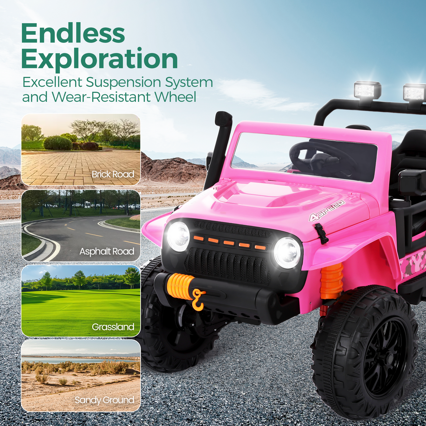 Alpha Joy 2-Seater Kids Ride on Truck 24V Electric Jeep Car with Remote Control Battery Powered Toy Car w/2 Speeds, LED Lights, Detachable Spotlights, Bluetooth Music, Pink