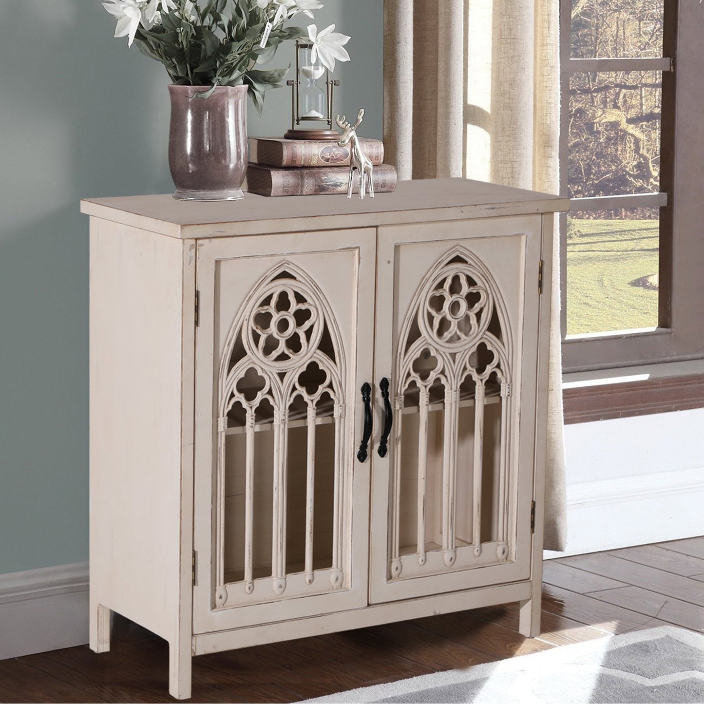 Alpha Joy 2-Door Accent Cabinet, Retro Storage Cabinet with Hollow-Carved Church Window Door for Entryway, Living Room, White
