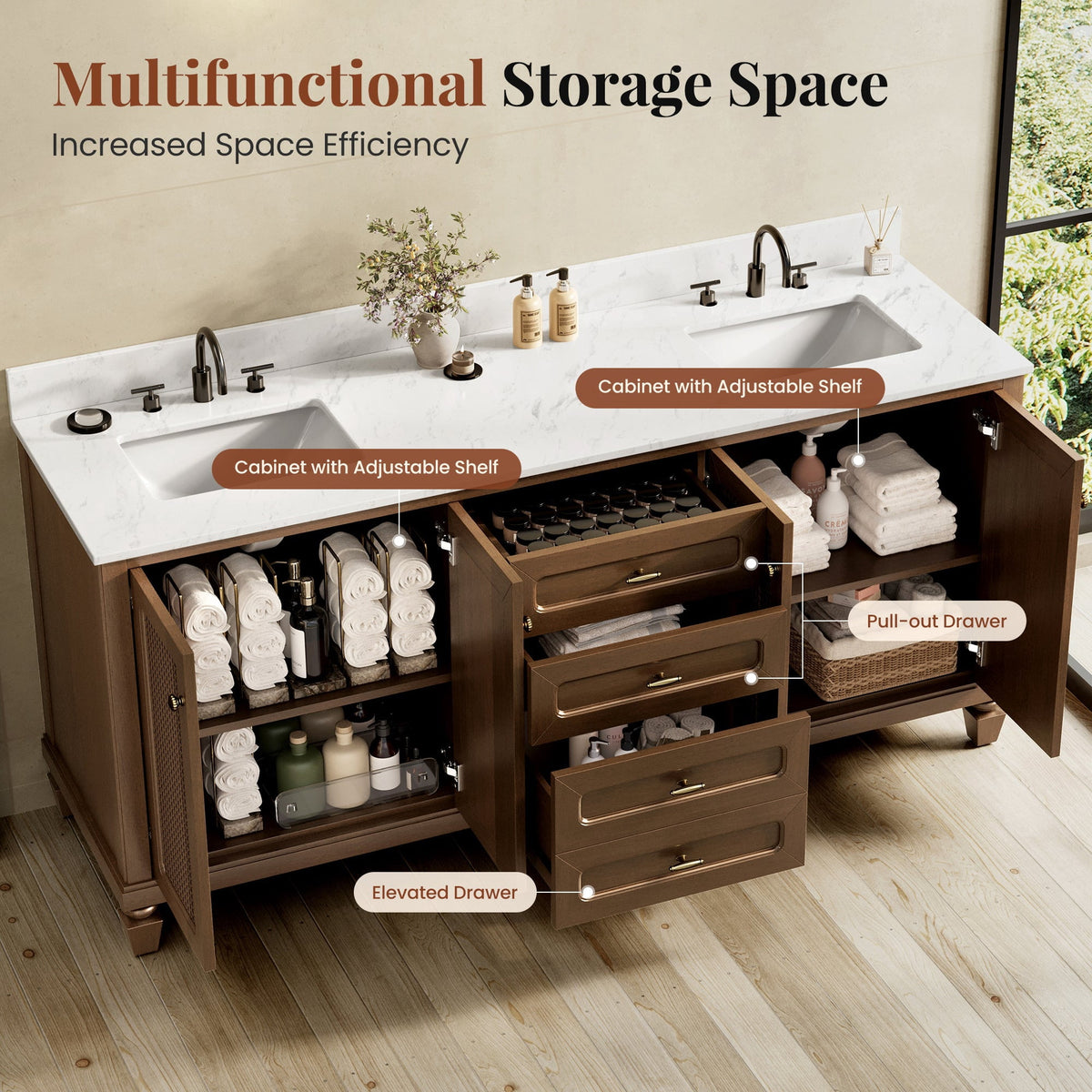 Sophia & William 72" Bathroom Vanity with Double Sink Freestanding Wood Bathroom Cabinet Vanity with 2 Doors of Adjustable Shlves, 2 Pull-out Drawers and 1 Elevated Drawer, Hickory