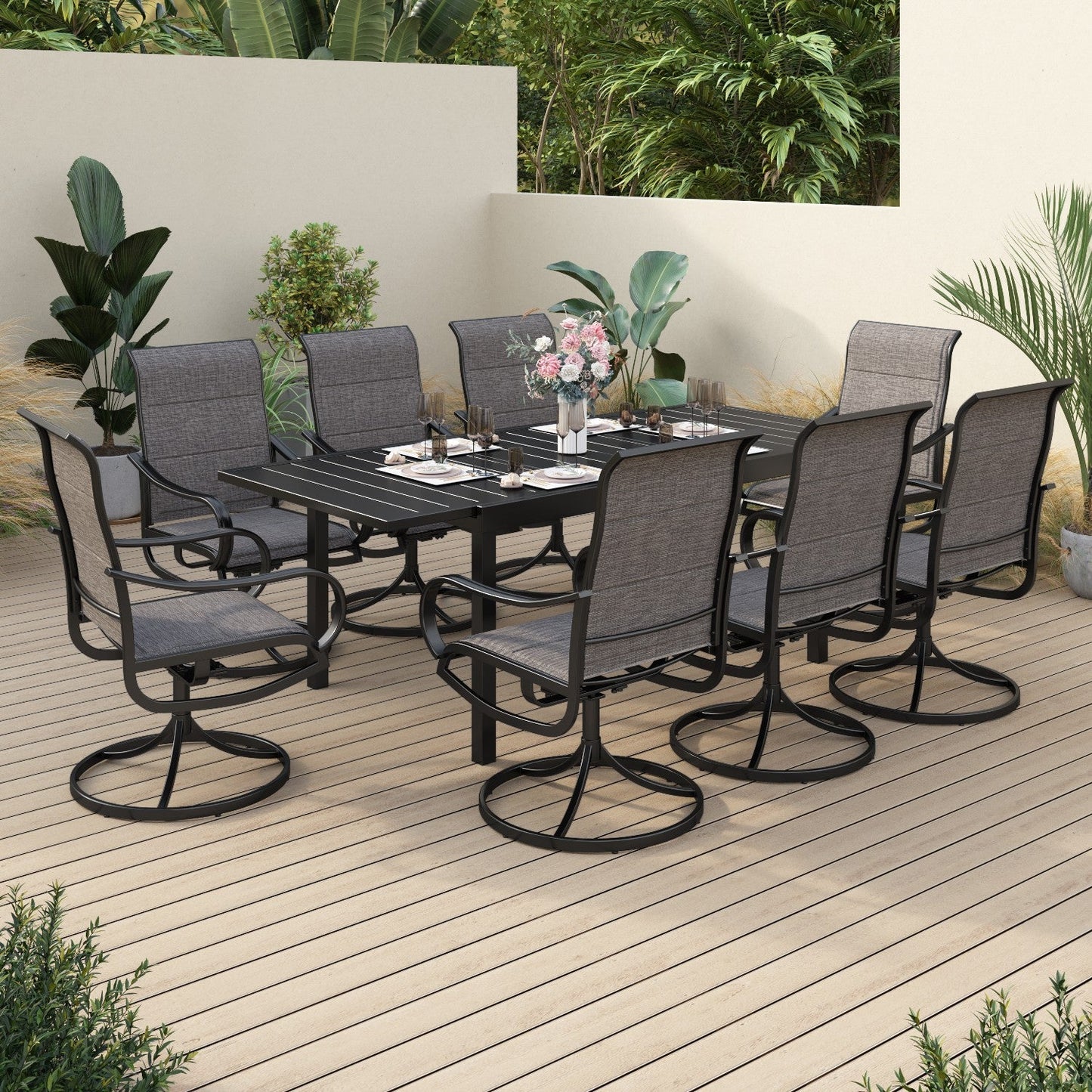 Sophia & William 9 Pieces Metal Patio Dining Set Swivel Paded Chairs and Extendable Table Set