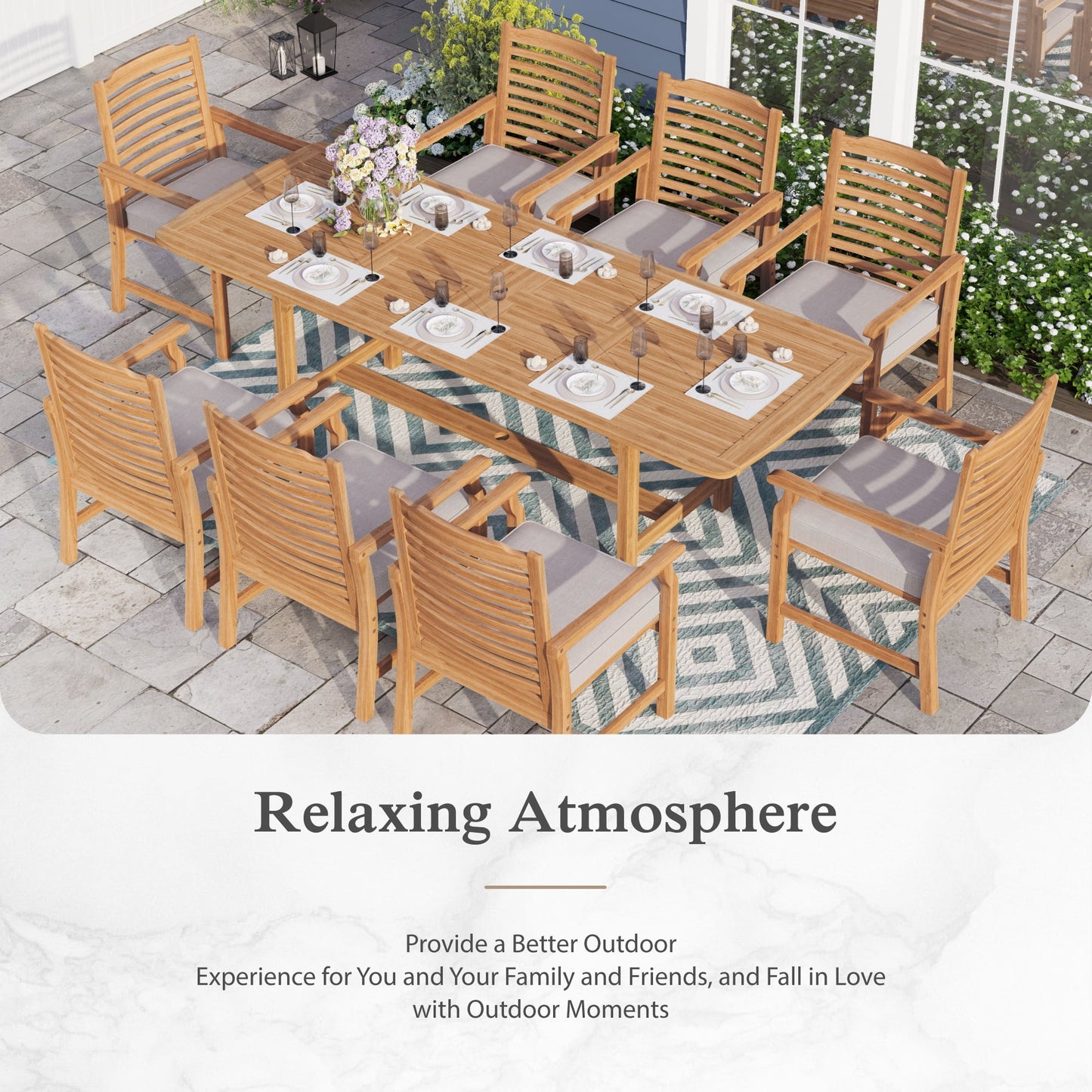Sophia & William 9 Pieces Patio Dining Set Acacia Wood Outdoor Furniture Set Expandable Table and Natural Wood Chairs with Cushions for Lawn, Garden, Backyard