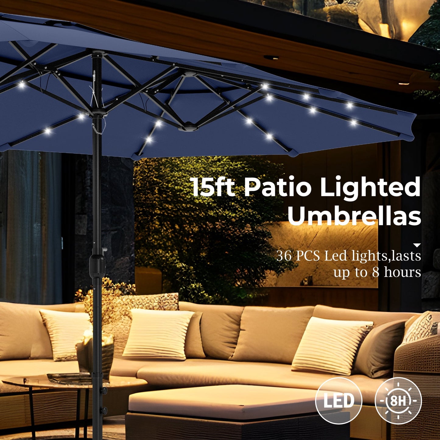 Alpha Joy 15ft Extra Large Outdoor Patio Umbrella Double-Sided Ventilation Umbrella with Led Lights & Umbrella Base, Navy Blue