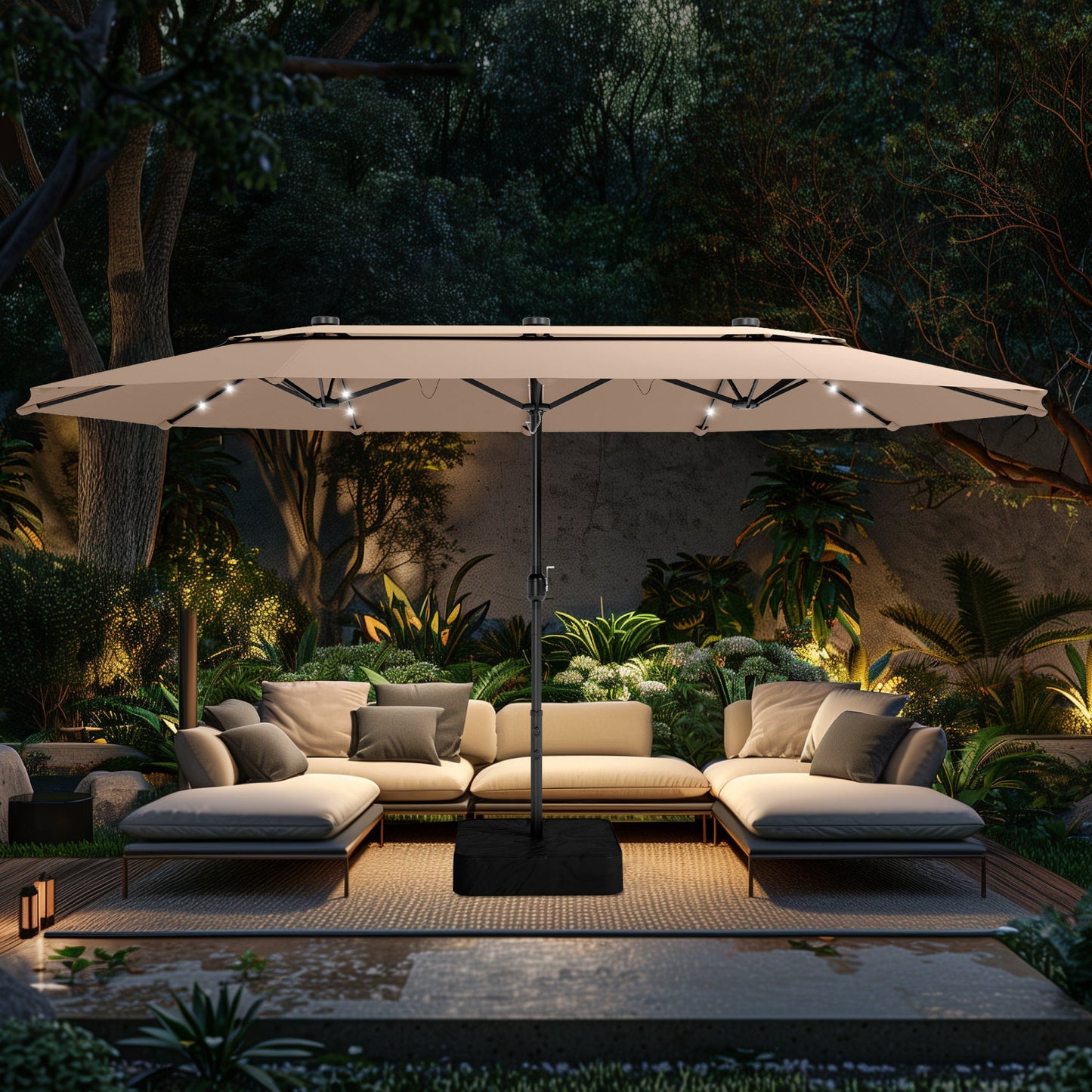 Alpha Joy 15ft Dual-Layer Extra Large Outdoor Patio Umbrella Double-Sided Ventilation Umbrella with Led Lights & Umbrella Base, Beige Patchwork