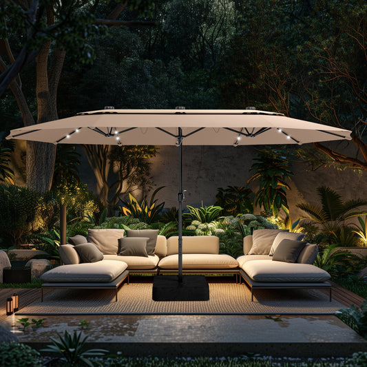 Alpha Joy 15ft Dual-Layer Extra Large Outdoor Patio Umbrella Double-Sided Ventilation Umbrella with Led Lights & Umbrella Base, Beige Patchwork