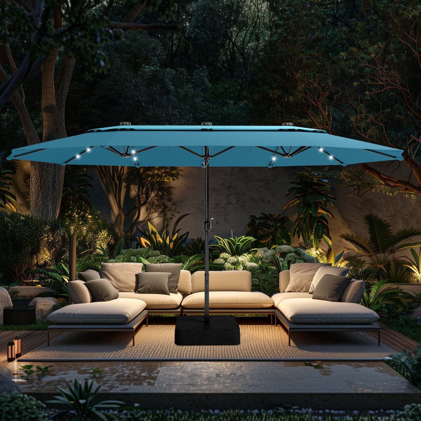 Alpha Joy 15ft Dual-Layer Extra Large Outdoor Patio Umbrella Double-Sided Ventilation Umbrella with Led Lights & Umbrella Base, Blue & Green