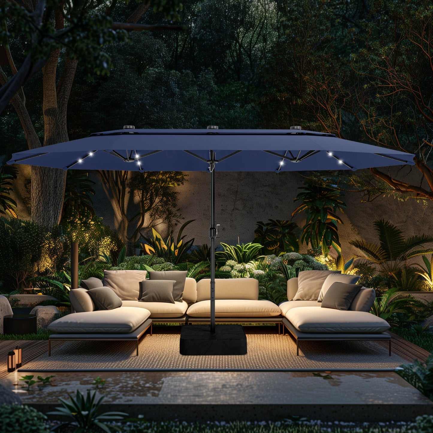Alpha Joy 15ft Extra Large Outdoor Patio Umbrella Double-Sided Ventilation Umbrella with Led Lights & Umbrella Base, Navy Blue