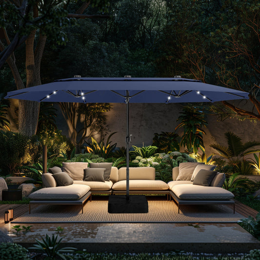 Alpha Joy 15ft Extra Large Outdoor Patio Umbrella Double-Sided Ventilation Umbrella with Led Lights & Umbrella Base, Navy Blue