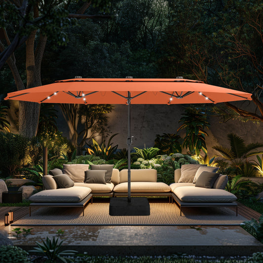 Alpha Joy 15ft Extra Large Outdoor Patio Umbrella Double-Sided Ventilation Umbrella with Led Lights & Umbrella Base, Orange Red