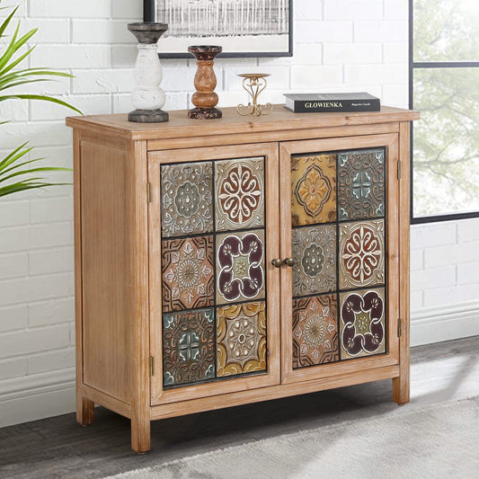 Alpha Joy 2-Door Accent Distressed Cabinet with Large Interior Storage, Retro Storage Cabinet with 2 Doors & Wood Frame, Checkered Patterns for Living Room, Entryway