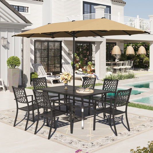 Alpha Joy 8-Piece Outdoor Patio Dining Set with 13 ft Beige Umbrella, Metal Chairs & Rectangle Table for 6