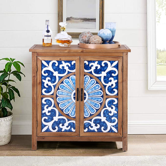Alpha Joy Rustic 2-Door Accent Cabinet, Wood Storage Cabinet with Shelves in Porcelain Pattern for Entryway, Dining Room, Blue & White