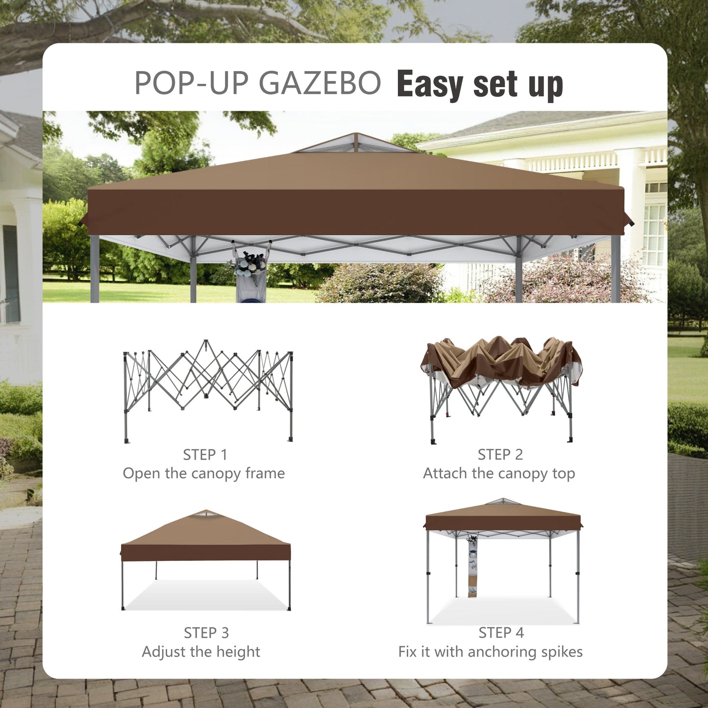 Alpha Joy 10x10ft Pop-up Canopy Instant Outdoor Canopy Tent Portable Straight Leg Shelter with Roller Bag for Outside, Brown