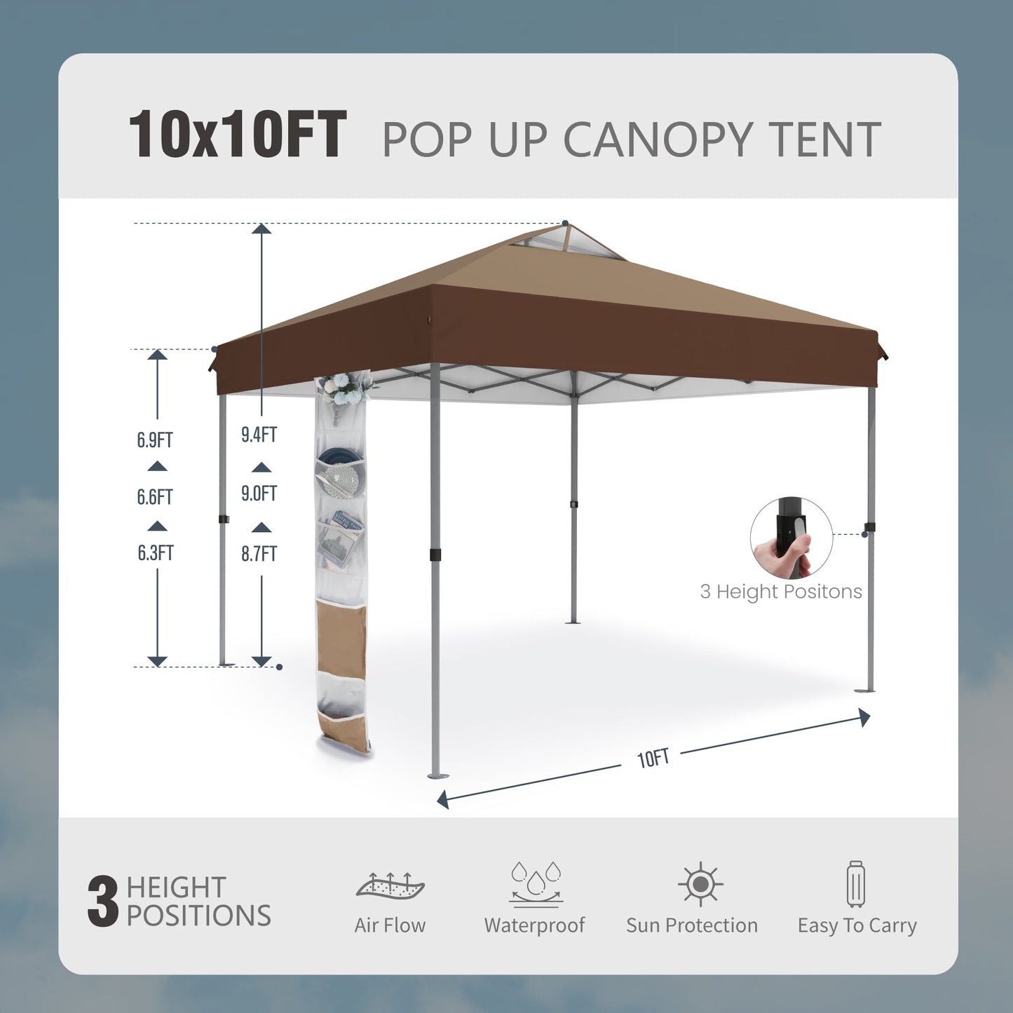 Alpha Joy 10x10ft Pop-up Canopy Instant Outdoor Canopy Tent Portable Straight Leg Shelter with Roller Bag for Outside, Brown