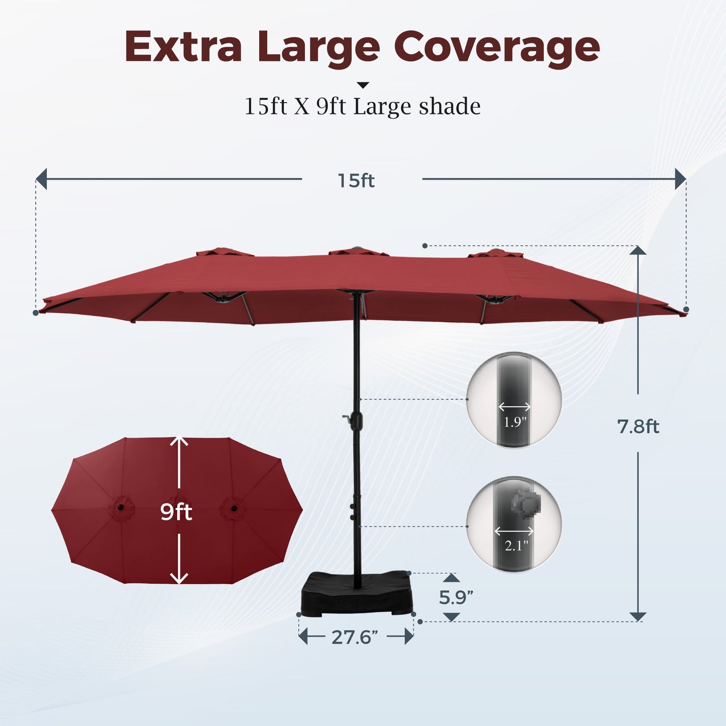 Alpha Joy 15ft Outdoor Patio Umbrella Extra-Large Double-Sided Garden Umbrella with Crank Handle and Base - Burgundy