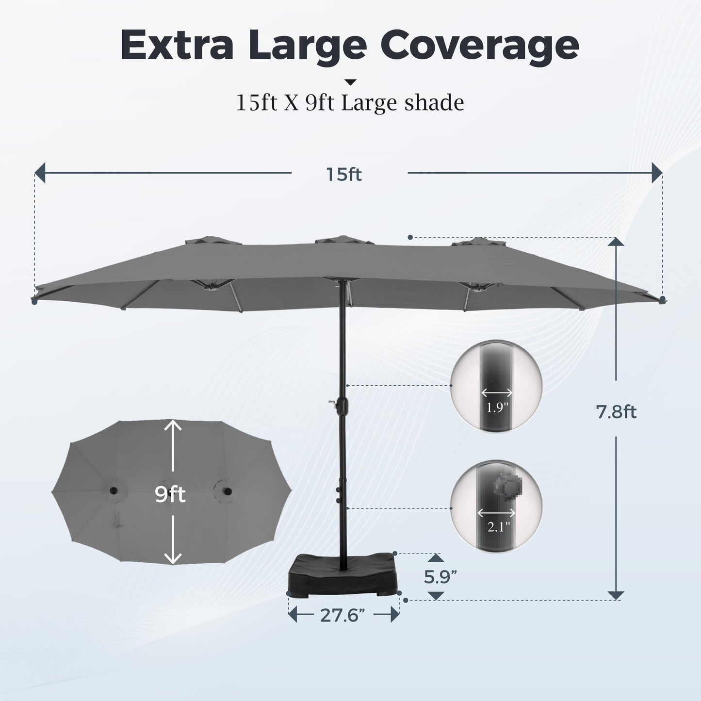 Alpha Joy 15ft Outdoor Patio Umbrella Extra-Large Double-Sided Garden Umbrella with Crank Handle and Base - Smoky Gray