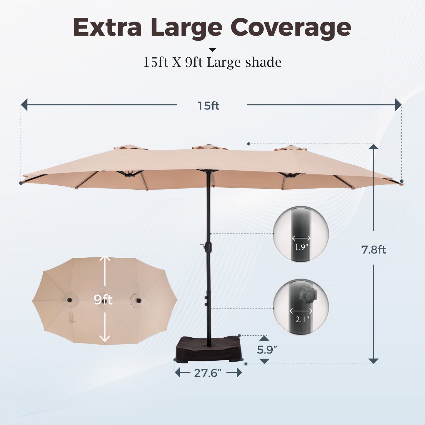 Alpha Joy 15ft Outdoor Patio Umbrella Extra-Large Double-Sided Garden Umbrella with Crank Handle and Base - Beige
