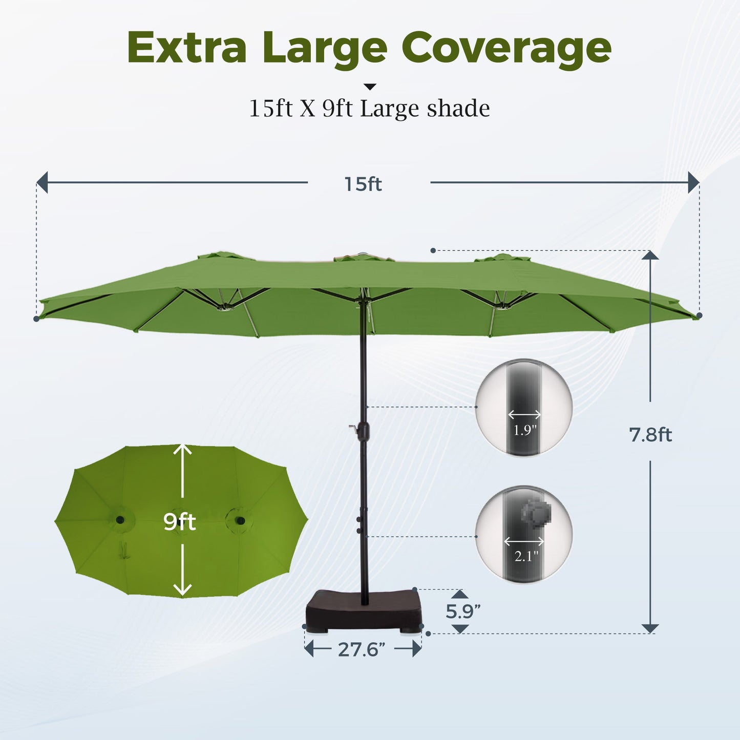 Alpha Joy 15ft Outdoor Patio Umbrella Extra-Large Double-Sided Garden Umbrella with Crank Handle and Base - Lime