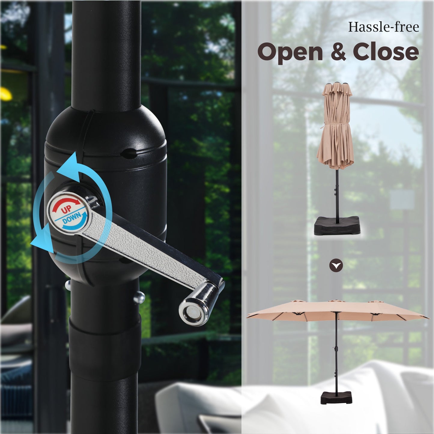 Alpha Joy 15ft Outdoor Patio Umbrella Extra-Large Double-Sided Garden Umbrella with Crank Handle and Base - Beige