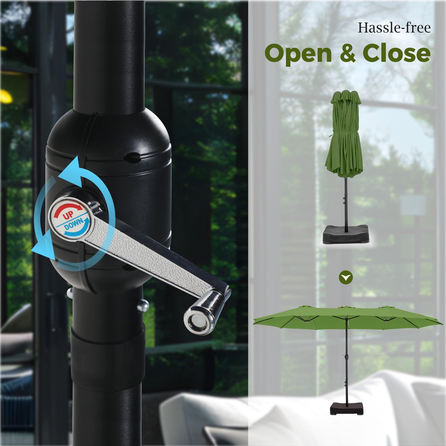Alpha Joy 15ft Outdoor Patio Umbrella Extra-Large Double-Sided Garden Umbrella with Crank Handle and Base - Lime