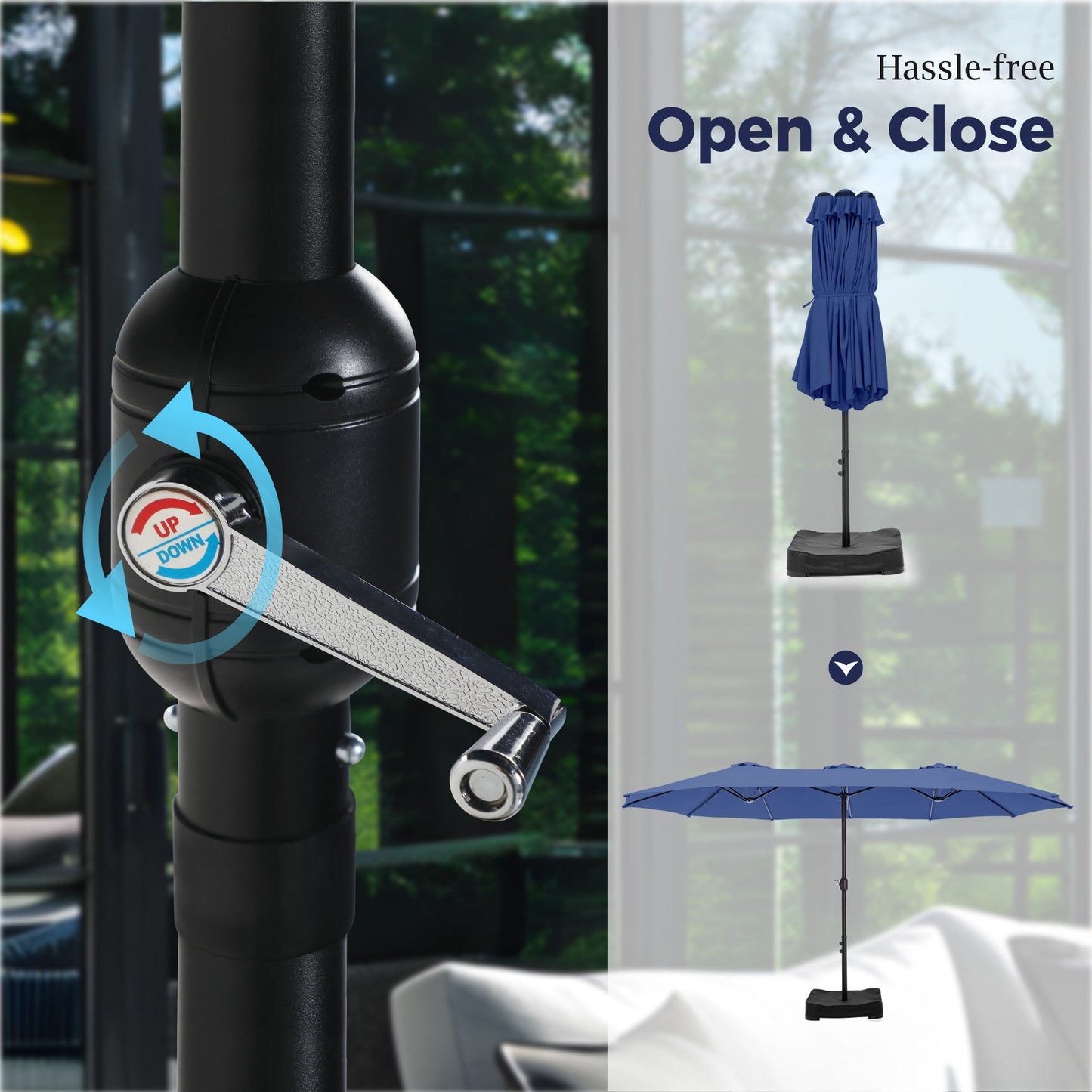 Alpha Joy 15ft Outdoor Patio Umbrella Extra-Large Double-Sided Garden Umbrella with Crank Handle and Base - Haze Blue