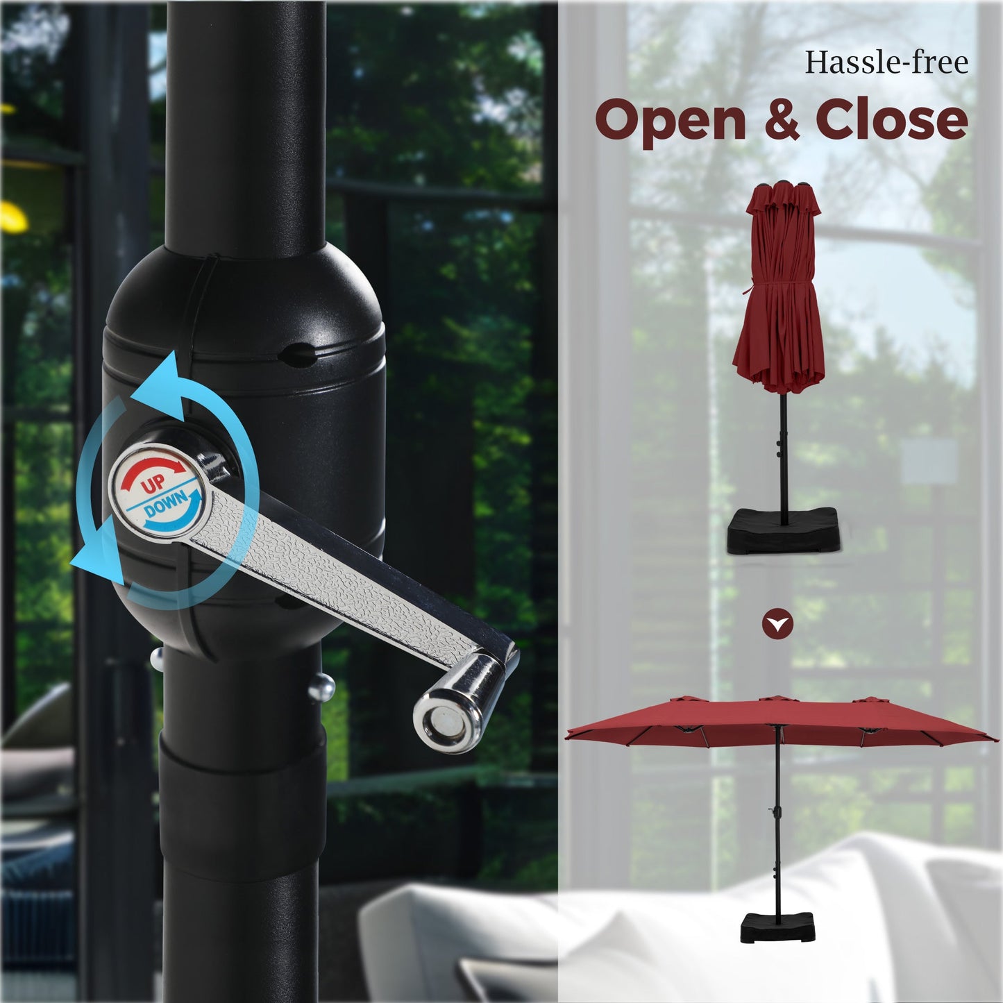 Alpha Joy 15ft Outdoor Patio Umbrella Extra-Large Double-Sided Garden Umbrella with Crank Handle and Base - Burgundy