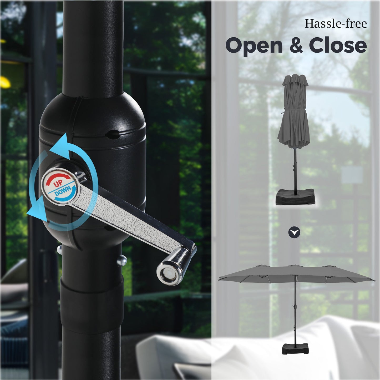 Alpha Joy 15ft Outdoor Patio Umbrella Extra-Large Double-Sided Garden Umbrella with Crank Handle and Base - Smoky Gray