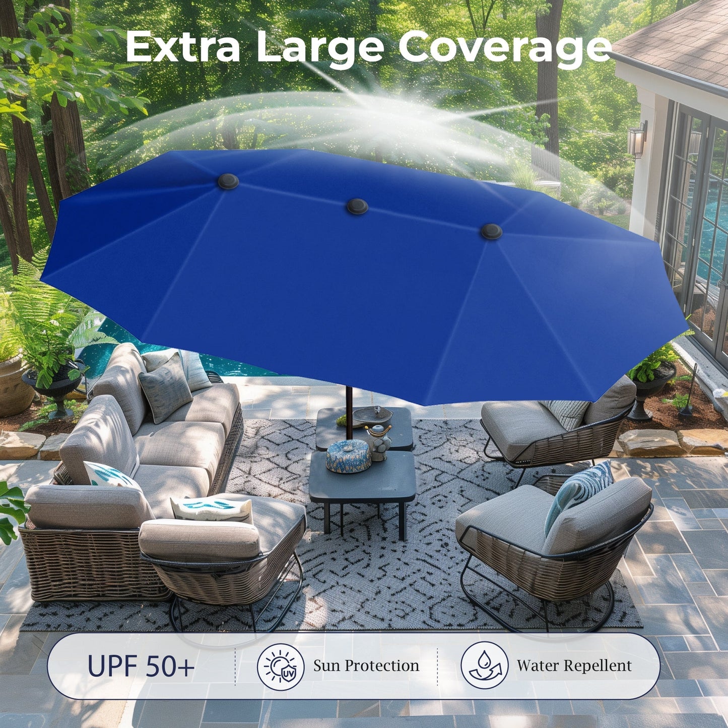 Alpha Joy 13x6.5ft Double-Sided Extra Large Outdoor Patio Market Rectangle Umbrella with Crank Handle, Haze Blue