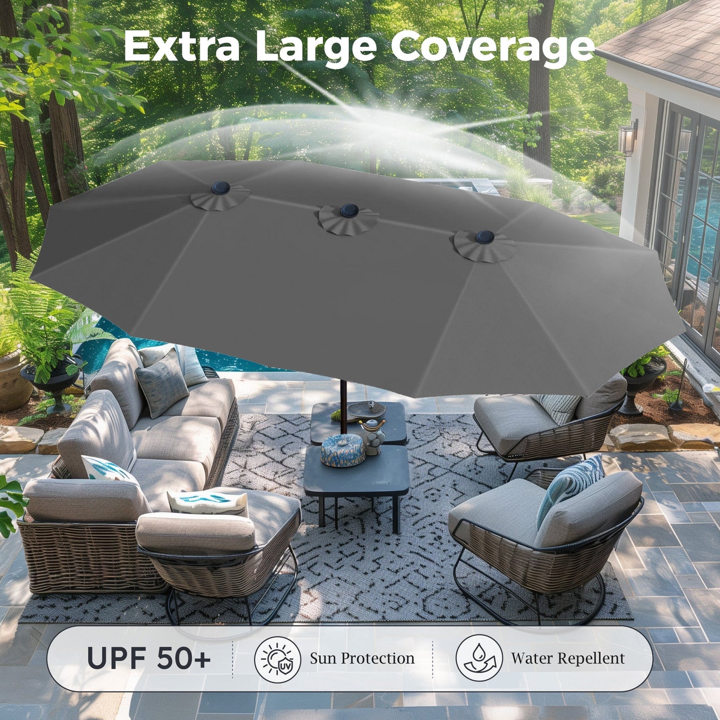 Alpha Joy 15ft Outdoor Patio Umbrella Extra-Large Double-Sided Garden Umbrella with Crank Handle and Base - Smoky Gray