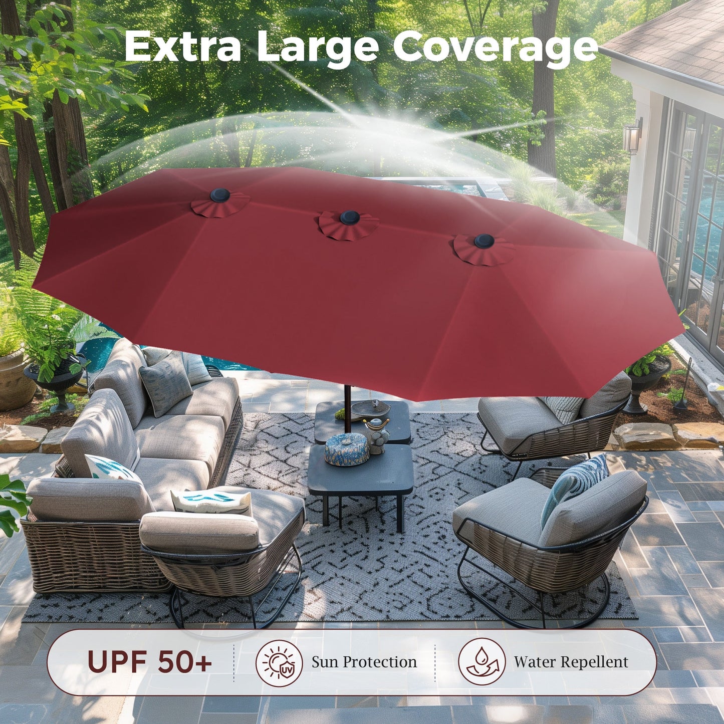 Alpha Joy 15ft Outdoor Patio Umbrella Extra-Large Double-Sided Garden Umbrella with Crank Handle and Base - Burgundy