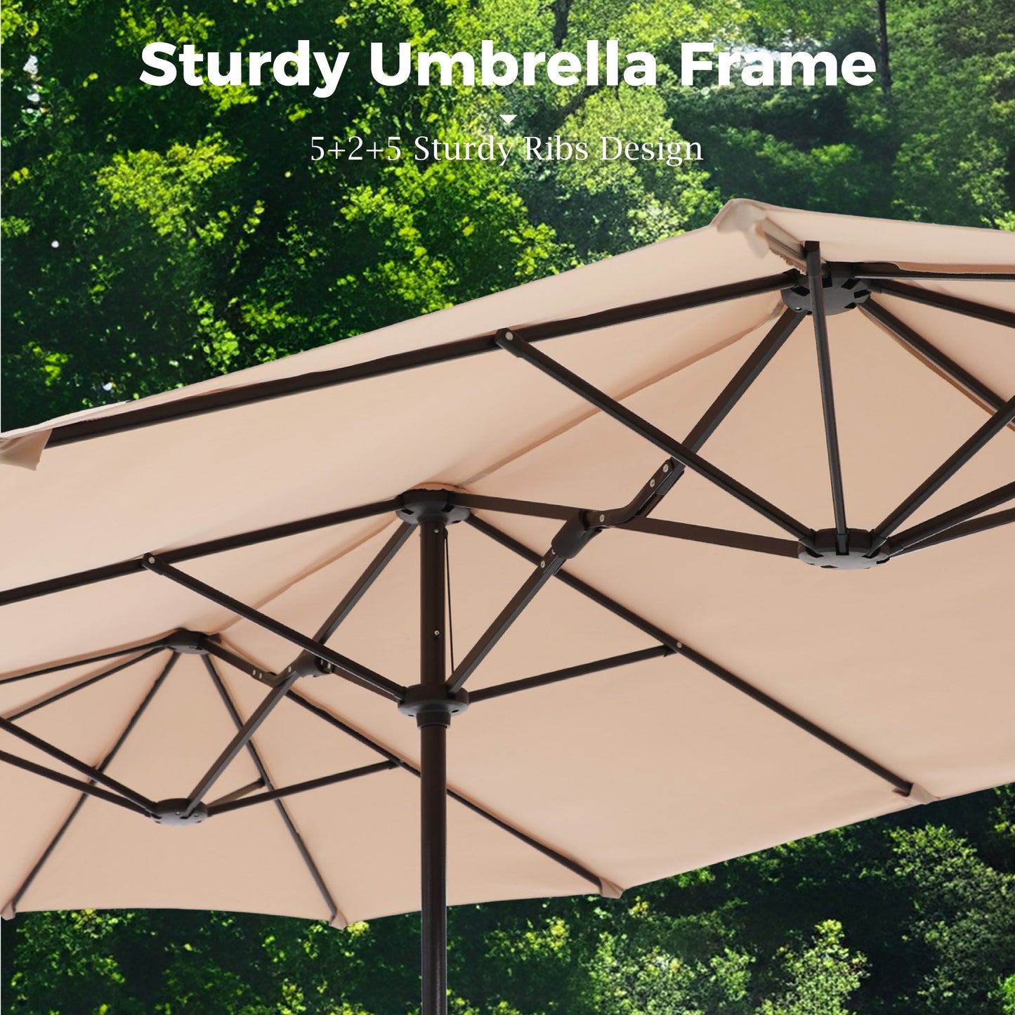 Alpha Joy 15ft Outdoor Patio Umbrella Extra-Large Double-Sided Garden Umbrella with Crank Handle and Base - Beige