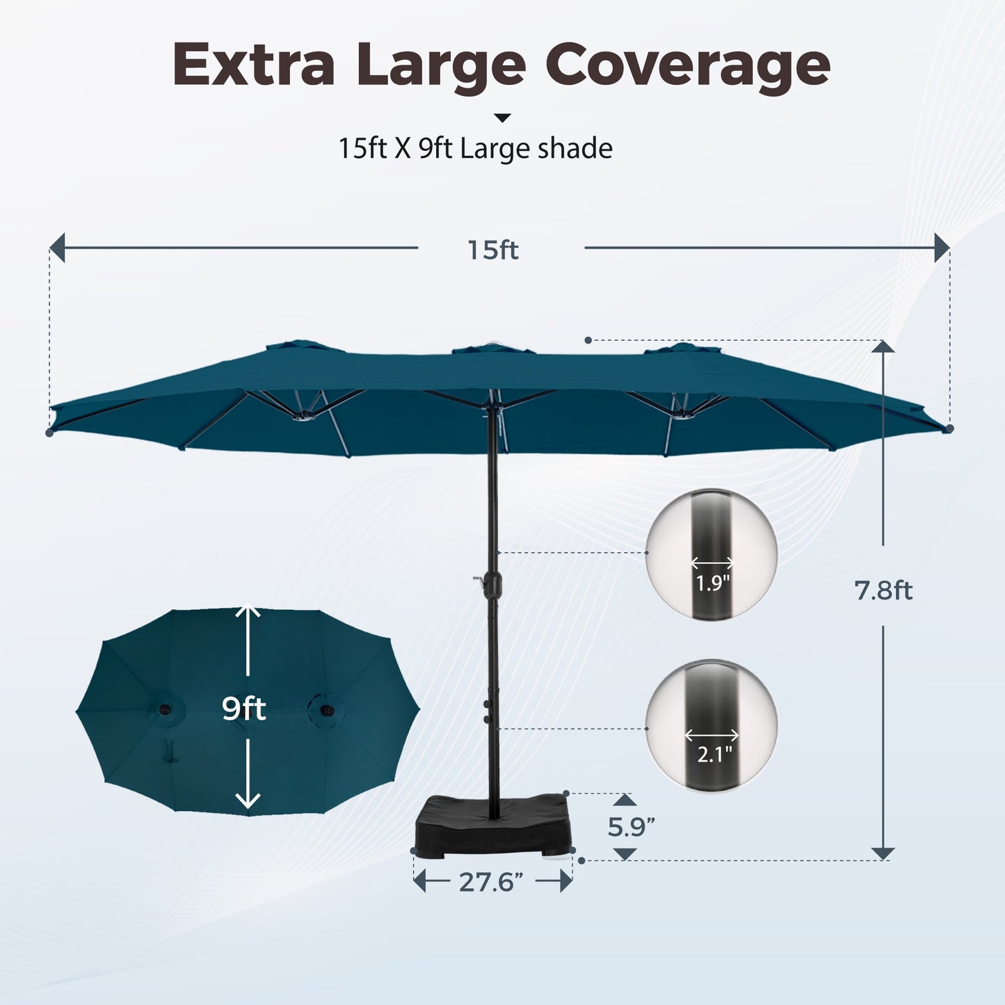 Alpha Joy 15ft Outdoor Patio Umbrella Extra-Large Double-Sided Garden Umbrella with Crank Handle and Base - Cerulean