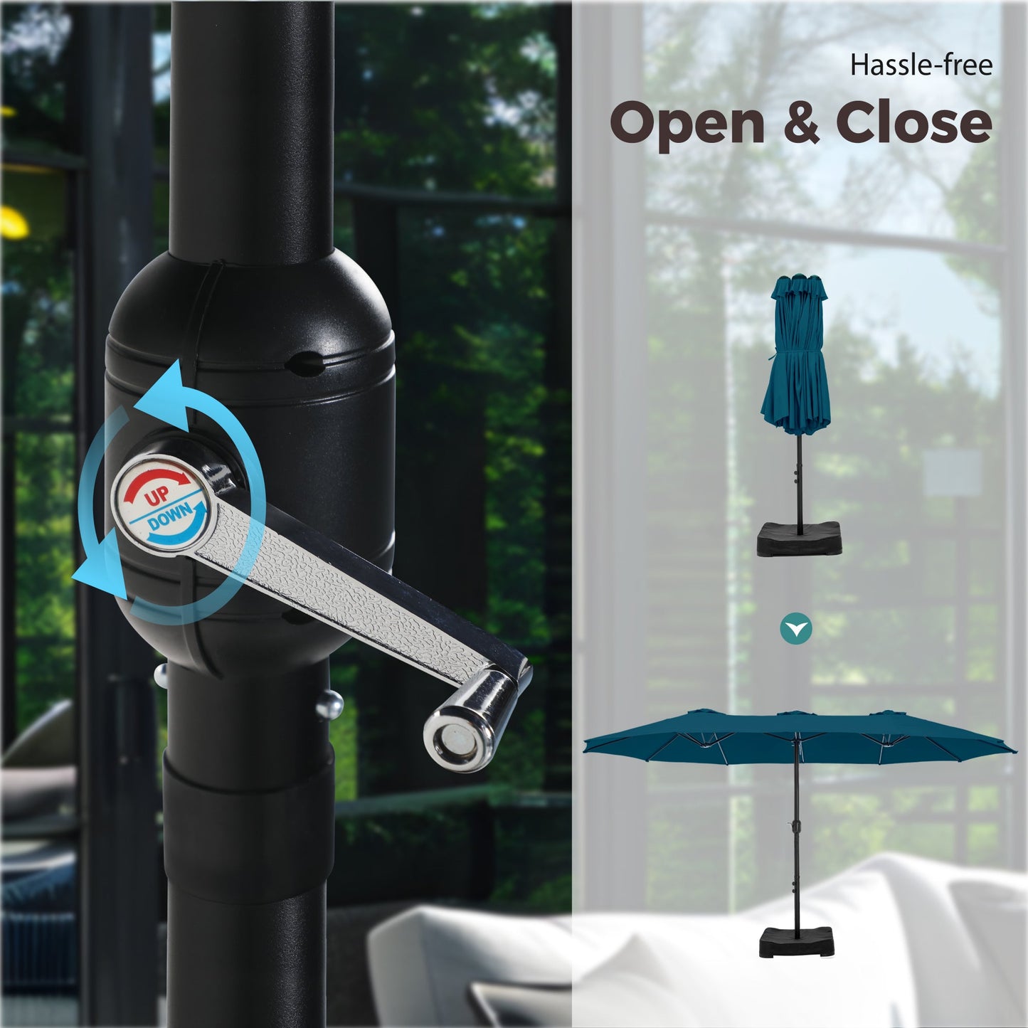 Alpha Joy 15ft Outdoor Patio Umbrella Extra-Large Double-Sided Garden Umbrella with Crank Handle and Base - Cerulean