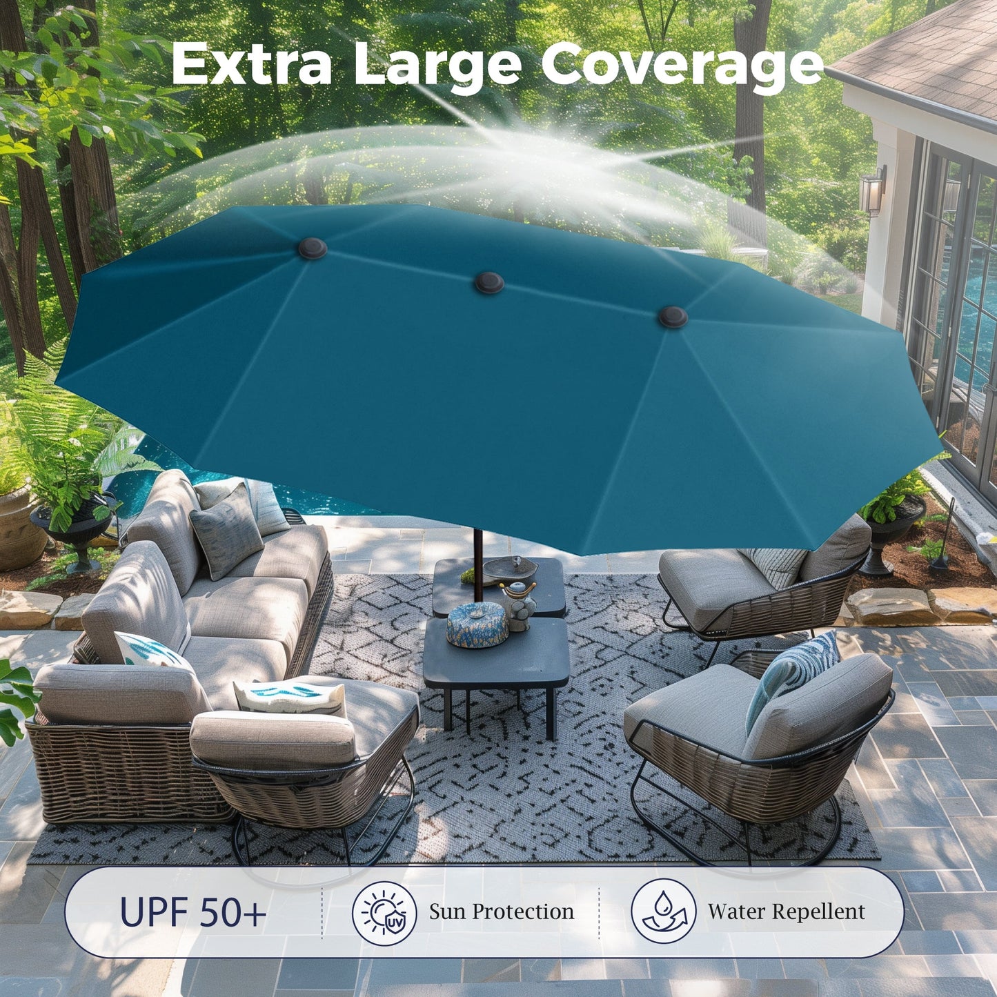 Alpha Joy 13x6.5ft Double-Sided Extra Large Outdoor Patio Market Rectangle Umbrella with Crank Handle, Cerulean