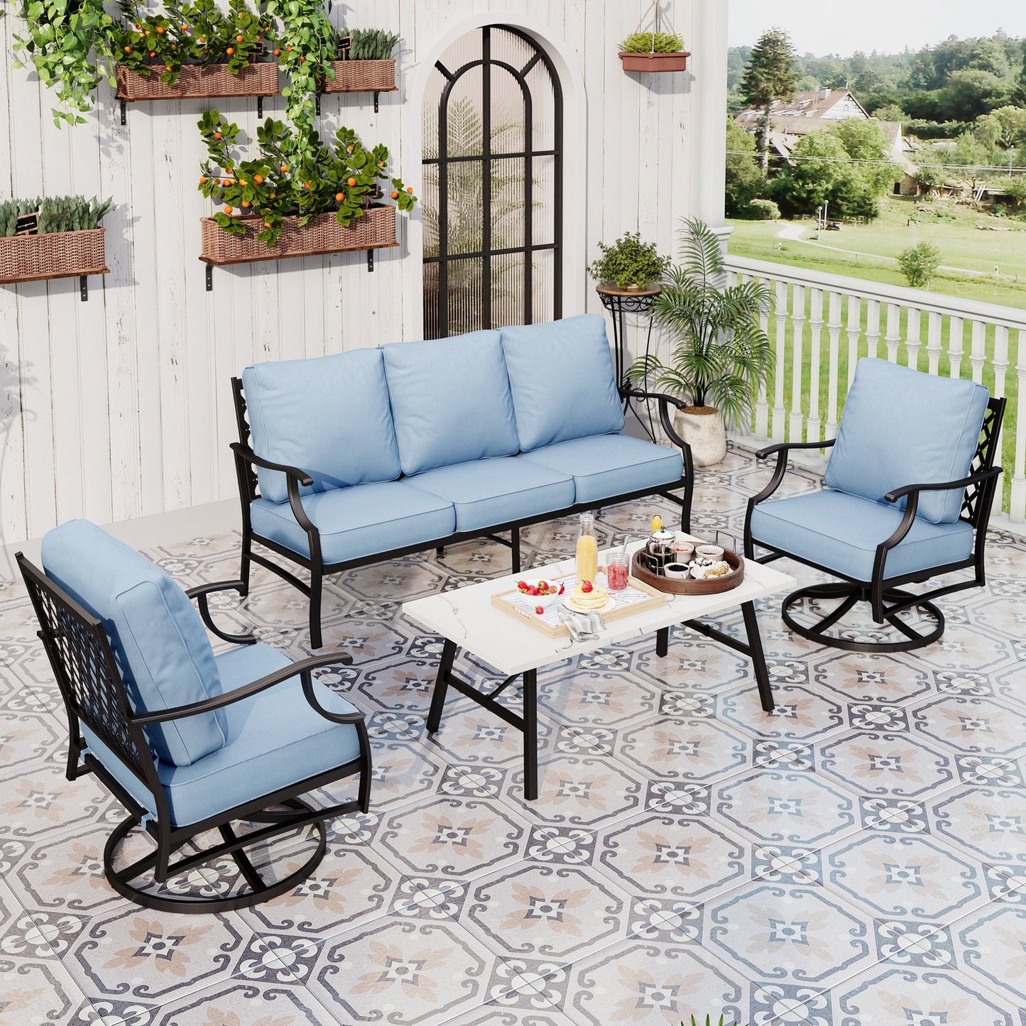 Sophia&William 5 Seat Patio Conversation Set Outdoor Swivel Chairs and Marble Table Furniture Set, Blue
