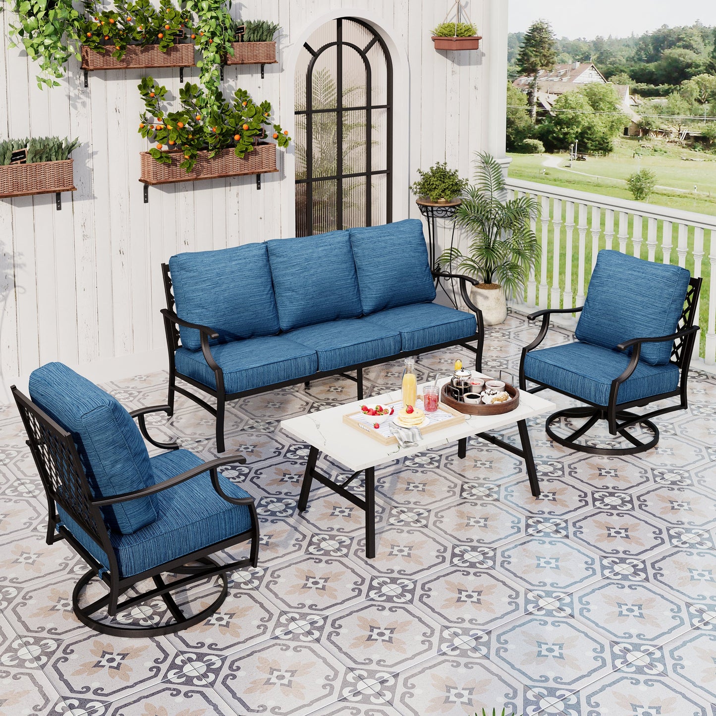 Sophia&William 5 Seat Patio Conversation Set Outdoor Sofa Furniture Set with Marble Table, Pacific Blue