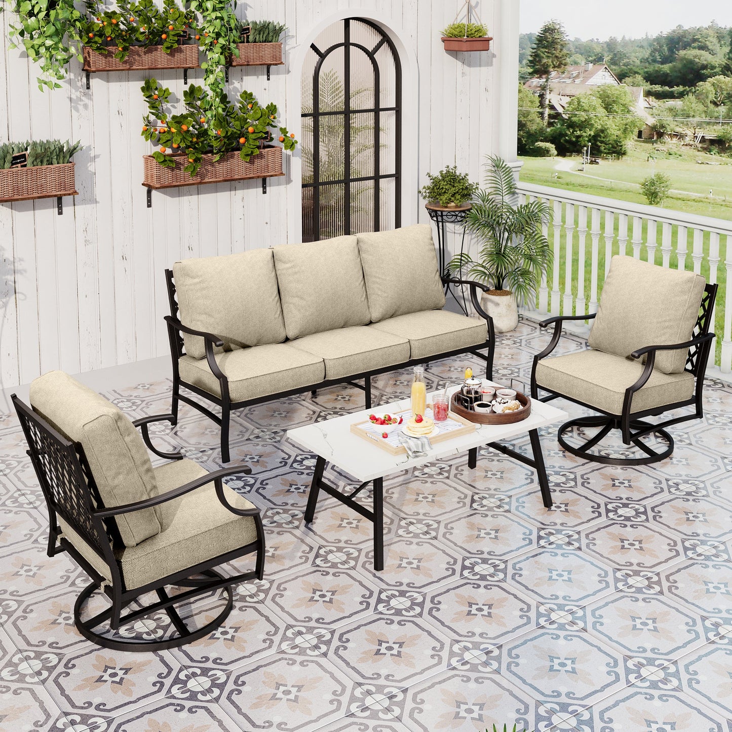 Sophia&William 5 Seat Patio Furniture Set Outdoor Conversation Set Metal Sofa with Marble Table & Swivel Chairs, Beige