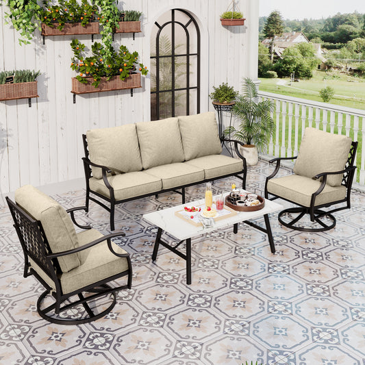 Sophia&William 5 Seat Patio Furniture Set Outdoor Conversation Set Metal Sofa with Marble Table & Swivel Chairs, Beige